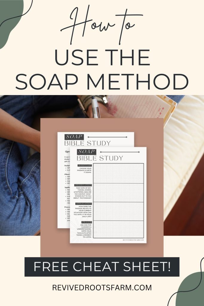 pinterest pin of a person journaling. layered on top of the photo is a mockup of a free SOAP Bible study cheat sheet pdf download.