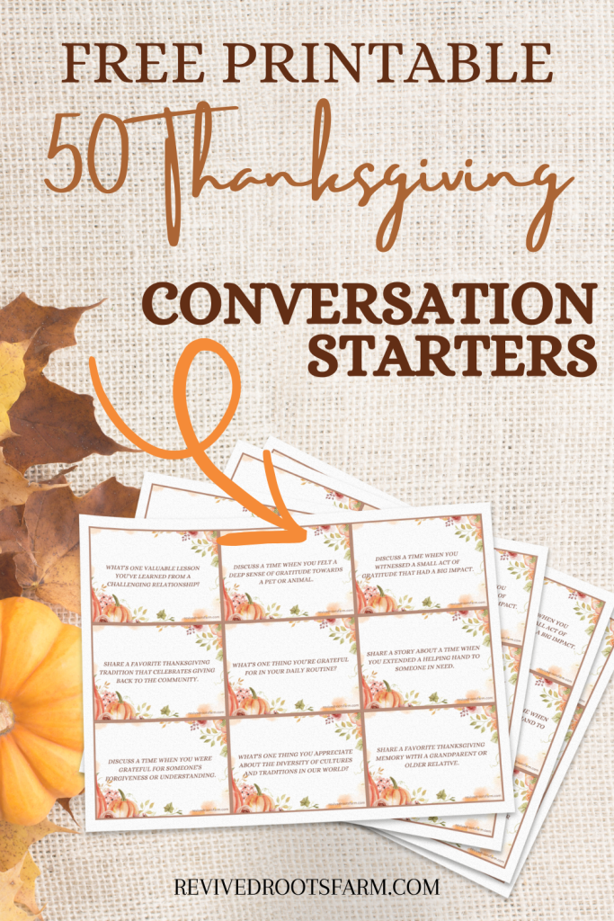 Mockup of a free printable for 50 Thanksgiving conversation starters. the mockup papers are sitting on top of a background with burlap and fall leaves.